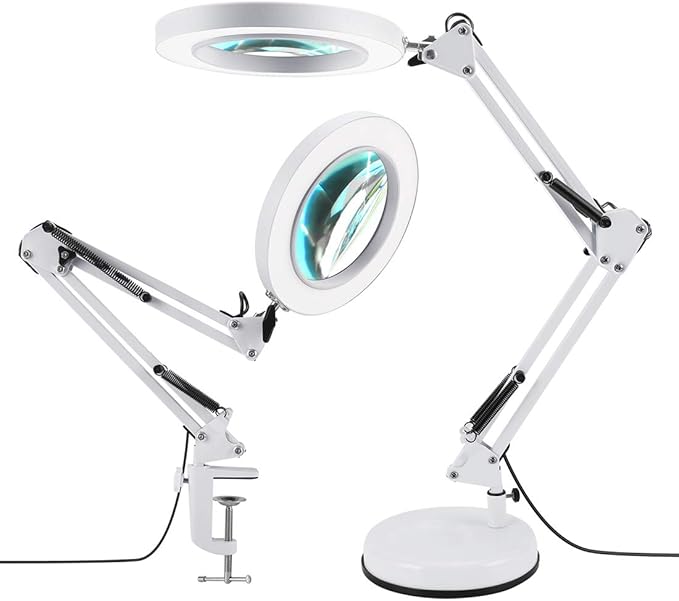 2-in-1 Magnifying Glass with Light and Stand, 5X Real Glass Lens 3 Color Modes Stepless Dimmable, Adjustable LED Lighted Magnifier Desk Lamp with Clamp for Reading, Crafts, Close Works - White - LeafyLoom