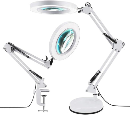 2-in-1 Magnifying Glass with Light and Stand, 5X Real Glass Lens 3 Color Modes Stepless Dimmable, Adjustable LED Lighted Magnifier Desk Lamp with Clamp for Reading, Crafts, Close Works - White - LeafyLoom