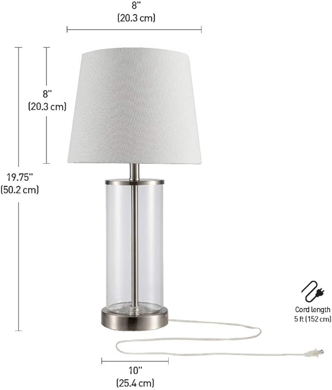 Globe Electric 67155 20" Fillable Table Lamp, Clear Glass and Steel Base, White Fabric Shade, Reading Light, Home Essentials, Bedroom, Nightstands, Room Décor, Dorm - LeafyLoom