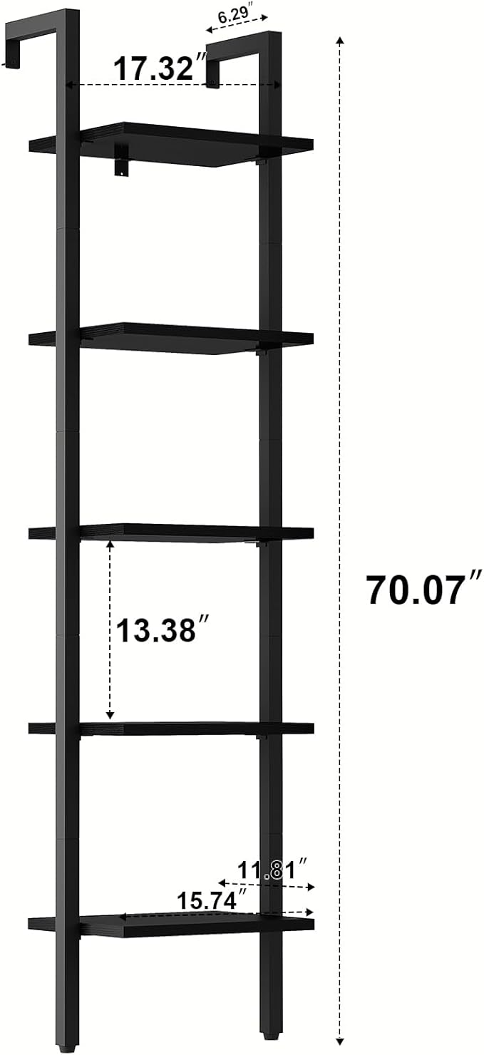 YMYNY 5 Tiers Narrow Ladder Bookcase, Industrial Wall Mounted Bookshelf, Open Display Rack with Metal Frame, Wooden Storage Shelves for Bedroom, Home Office, Living Room, Black, 70*17.3*11.8"UHBC015B - LeafyLoom