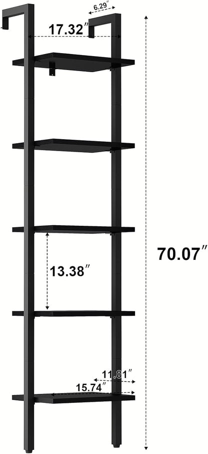 YMYNY 5 Tiers Narrow Ladder Bookcase, Industrial Wall Mounted Bookshelf, Open Display Rack with Metal Frame, Wooden Storage Shelves for Bedroom, Home Office, Living Room, Black, 70*17.3*11.8"UHBC015B - LeafyLoom