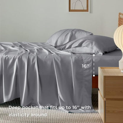 Bedsure Full Size Sheets, Cooling Sheets Full, Rayon Derived from Bamboo, Deep Pocket Up to 16", Breathable & Soft Bed Sheets, Hotel Luxury Silky Bedding Sheets & Pillowcases, Silver Grey - LeafyLoom