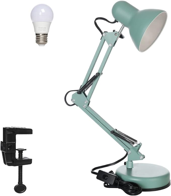 Led Desk Lamp with Clamp - Swing Arm Desk Lamp with 1 LED Cold Light Bulbs 6500K - Adjustable Table Lamp，Used for Office, Work, Study, Dormitory Reading and Eye Protection Desk Lamp (Green-01) - LeafyLoom