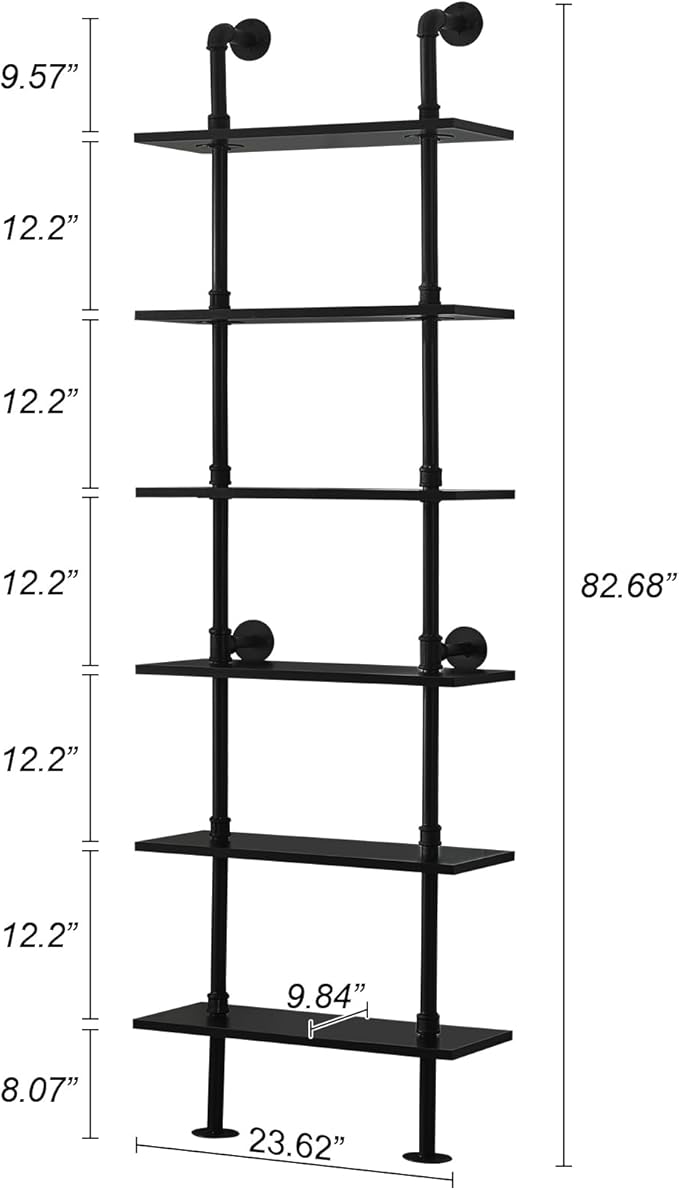 HOMBAZAAR Industrial Bookshelf, 6-Tier Industrial Pipe Bookshelf, Wall Mounted Ladder Shelf with Metal Frame for Home Office, Living Room, Black - LeafyLoom