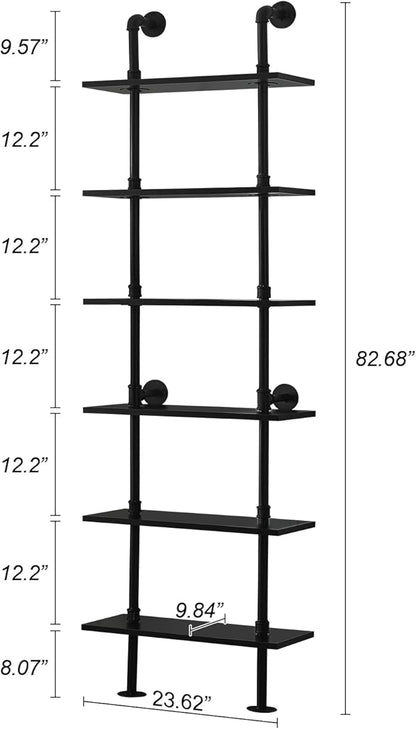 HOMBAZAAR Industrial Bookshelf, 6-Tier Industrial Pipe Bookshelf, Wall Mounted Ladder Shelf with Metal Frame for Home Office, Living Room, Black - LeafyLoom