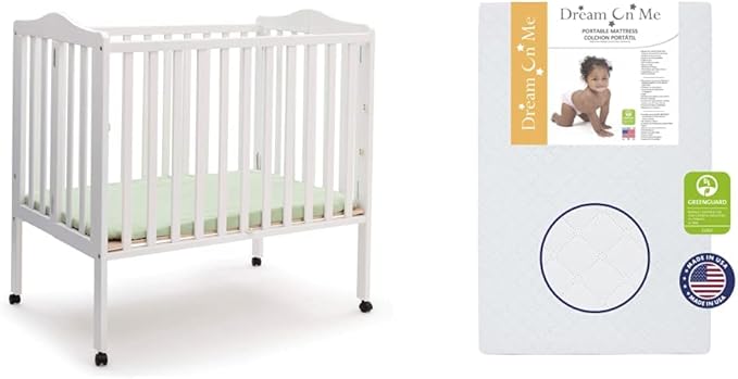 Delta Children Folding Portable Mini Baby Crib with 1.5-inch Mattress - Greenguard Gold Certified, White & Dream On Me Holly 3” Fiber Portable, Greenguard Gold Certified, White - LeafyLoom