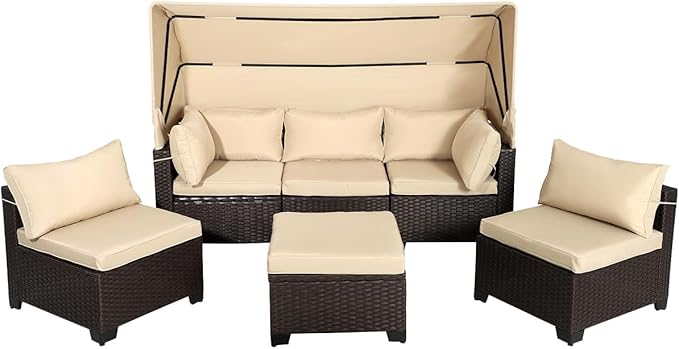 6 PCS Outdoor Patio Furniture Set,Sectional Sofa Set,Rattan Daybed with Retractable Canopy,Adjustable Backrest,Storage Coffee Table for Porch Garden Poolside Backyard(Khaki) - LeafyLoom