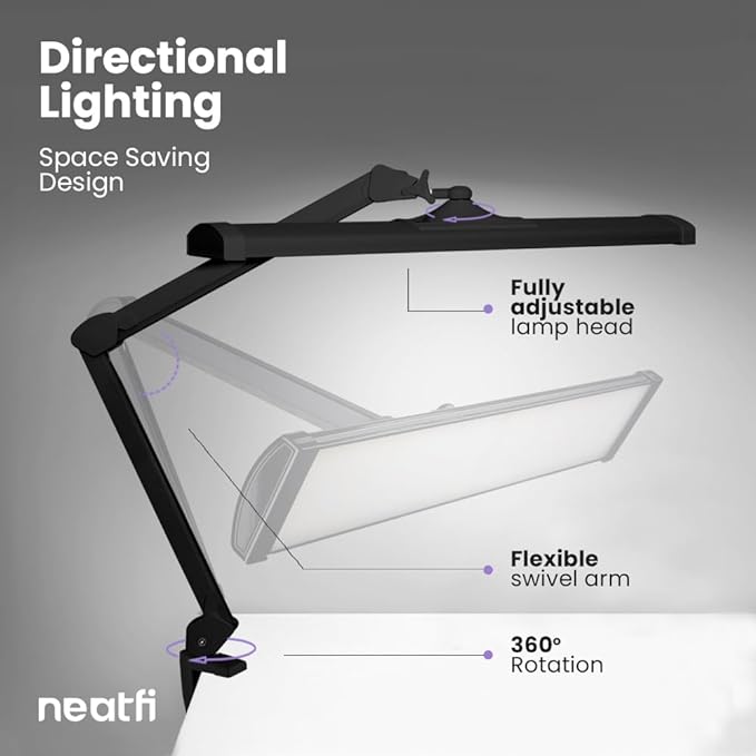 Neatfi Ultra 3,500 Lumen LED Desk Lamp, 45W, 26-Inch Wide Metal Shade, 270 SMD LEDs (Non-CCT with Clamp, Black) - LeafyLoom