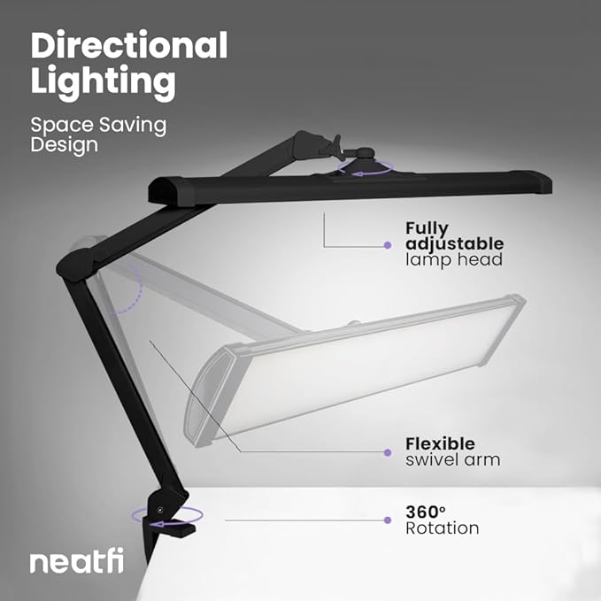 Neatfi Ultra 3,500 Lumen LED Desk Lamp, Color Correlated Temperature, 3 Light Modes, Dimmable, 45W, 26 Inch Wide Metal Shade, 540 SMD LEDs (CCT with Clamp, Black) - LeafyLoom