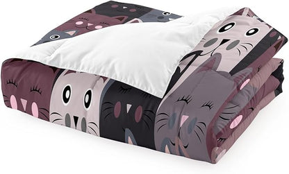 Cat Comforter Set Full Size - 3Pcs Grey Cat Bedding Set for Boys Girls Teens Cute Animals Themed Bedding Set Warm Ultra Soft Cartoon Cat Quilt Cover with 2 Pillowcases for Kids Room Decor - LeafyLoom