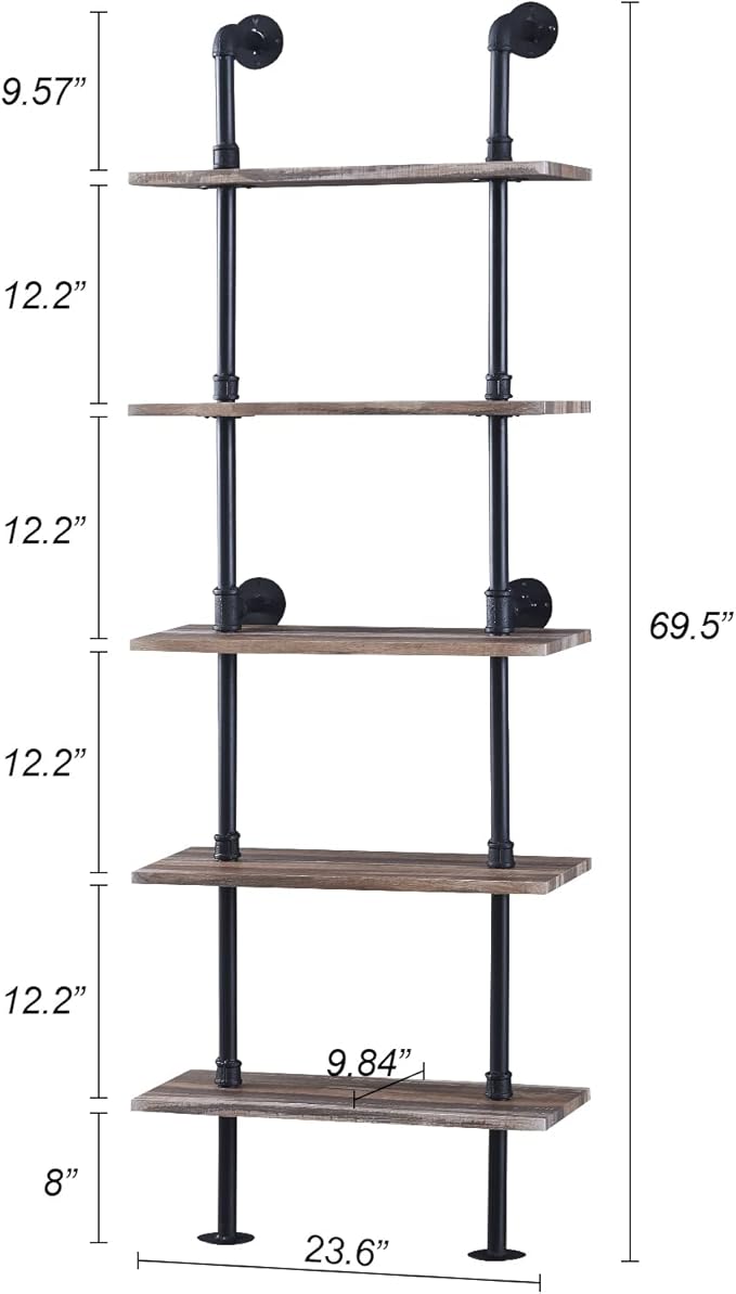 HOMBAZAAR Industrial Bookshelf, 5-Tier Industrial Pipe Bookshelf, Wall Mounted Ladder Shelves with Metal Frame for Home Office, Living Room, Oak Brown - LeafyLoom