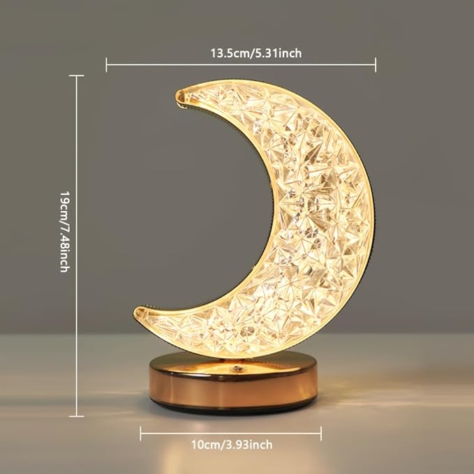 Cordless Moon Crystal Table Lamp,3-Color Touch Control, Rechargeable Battery - Ideal Bedside Lamp for Bedroom Nightstand (Gold Moon) - LeafyLoom