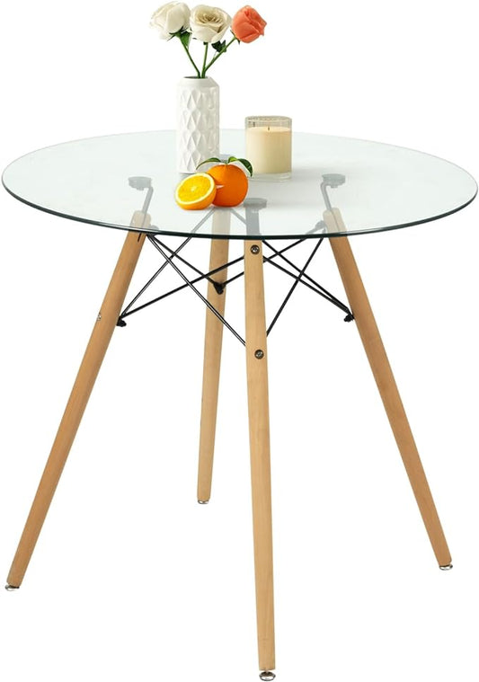 FurnitureR 31.5 Inch Modern Round Dining Table Glass with Wooden Legs for Home Kitchen Living Room Corner Small Spaces Leisure - LeafyLoom