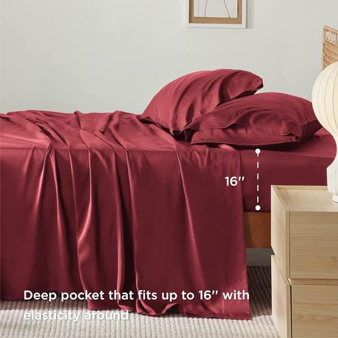 Bedsure Full Size Sheets, Cooling Sheets Full, Rayon Derived from Bamboo, Deep Pocket Up to 16", Breathable & Soft Bed Sheets, Hotel Luxury Silky Bedding Sheets & Pillowcases, Burgundy - LeafyLoom