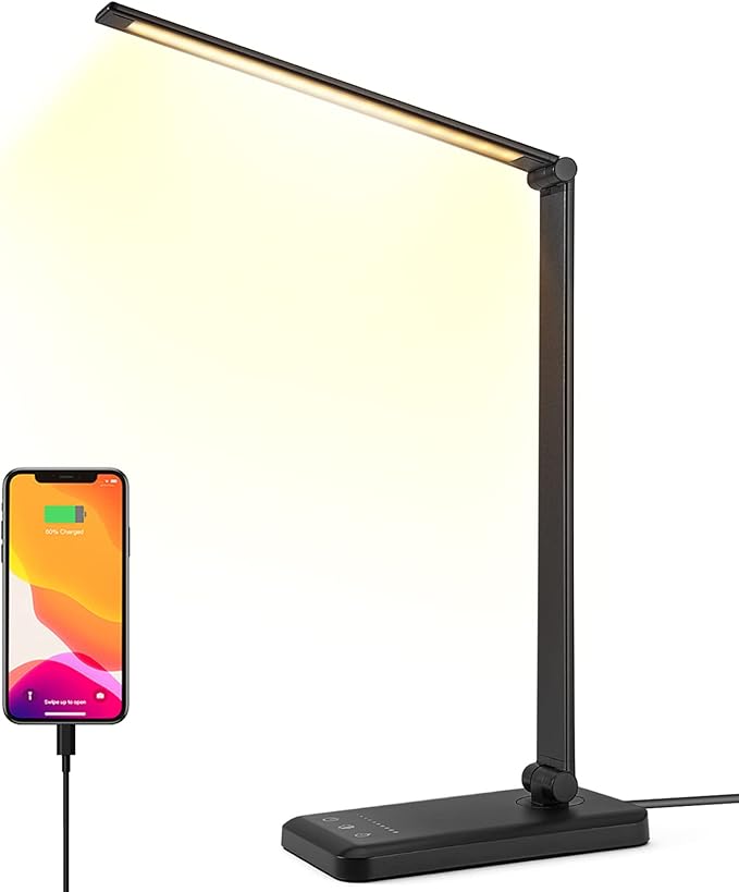 Led Desk Lamp, Desk Lamp with USB Charging Port, 5 Color Modes, 10 Brightness, Natural Light, Eye Caring Reading Lamp, Desk Light for Home Office, Table Lamp, Touch Control, Auto-Timer, Black - LeafyLoom