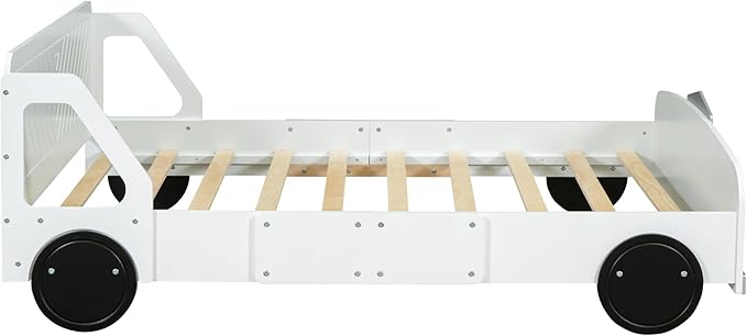 Full Size Car-Shaped Bed Frame for Kids,Wooden Platform Bed with Wheels and Side Rails for for Boys Girls,Wood Slat Supports,No Box Spring Needed,White - LeafyLoom