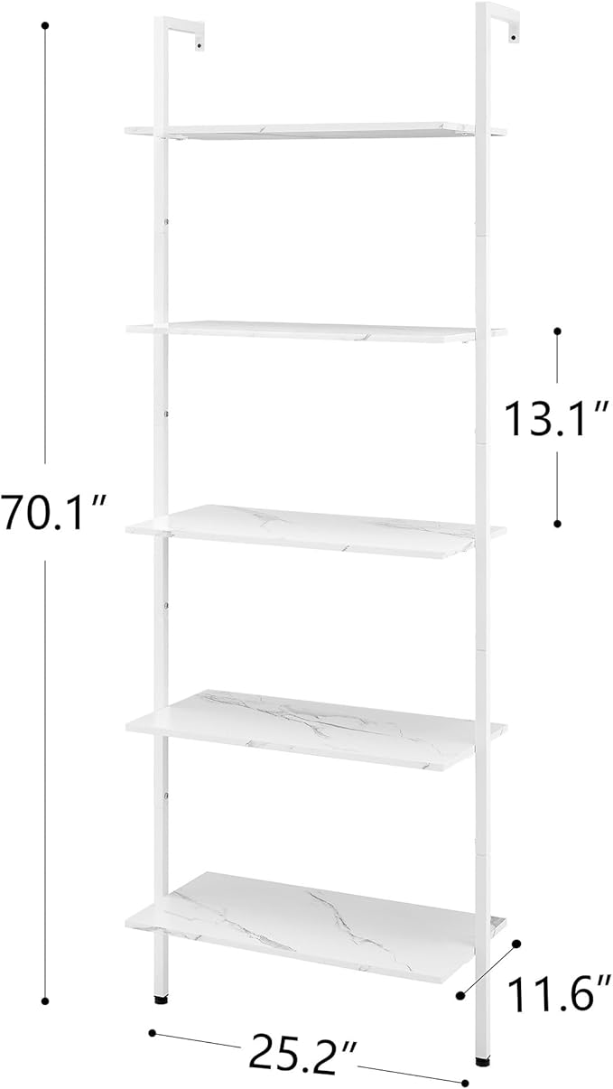 Tajsoon 25.2''W Ladder Shelf Bookshelf, 5 Tier Wall Shelf with Metal Frame, Modern Open Wall Mount Bookcases for Home, Office, Balcony, Plant Flower, White - LeafyLoom