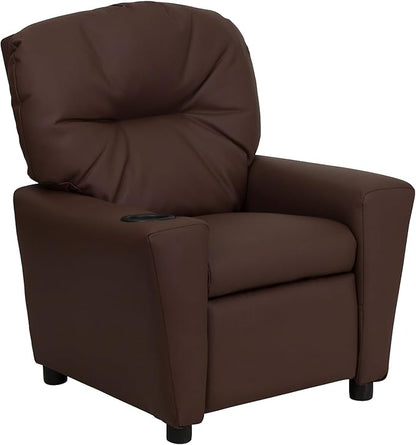 Flash Furniture Chandler LeatherSoft Kids Recliner with Cup Holder and Safety Recline, Contemporary Reclining Chair for Kids, Supports up to 90 lbs., Brown - LeafyLoom