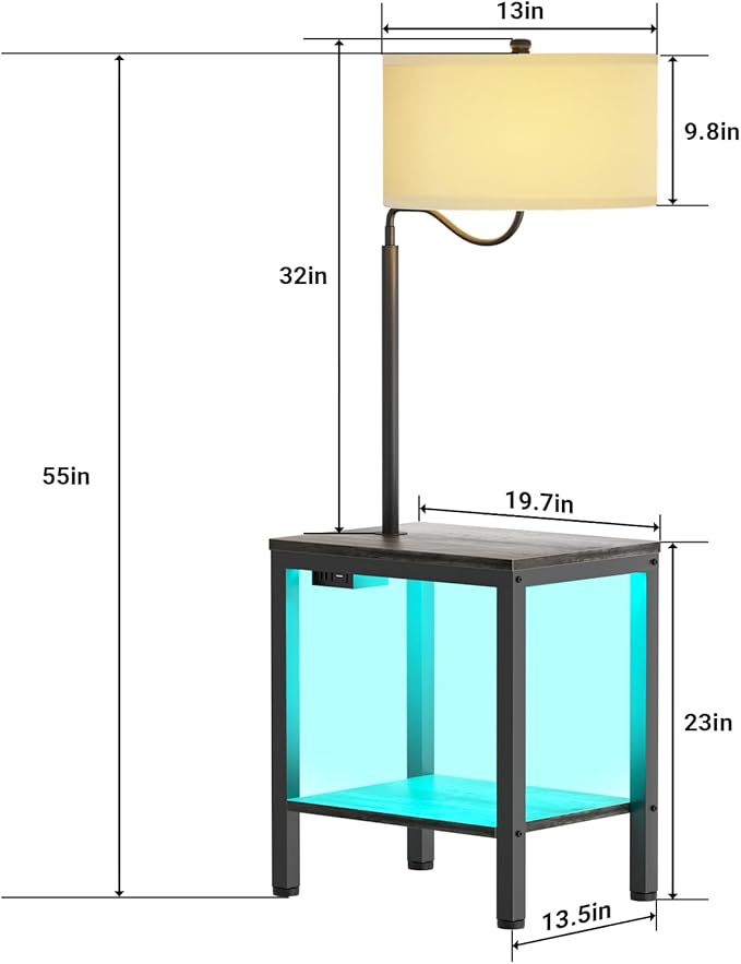 LED Floor Lamp with Table, Side Table with LED Light and Power Outlet, Bedside Nightstand with Lamp, End Table with Lamp Attached for Living Room, Bedroom, USB Ports, Bulb Included, Black Oak - LeafyLoom