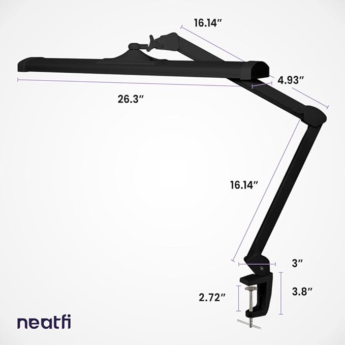 Neatfi Ultra 3,500 Lumen LED Desk Lamp, 45W, 26-Inch Wide Metal Shade, 270 SMD LEDs (Non-CCT with Clamp, Black) - LeafyLoom