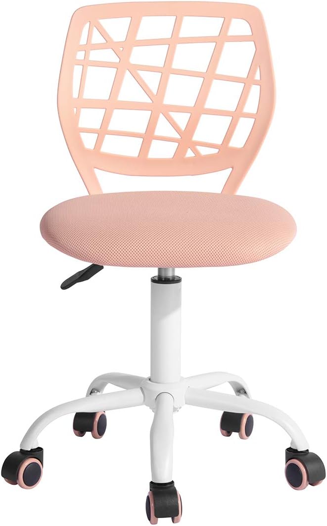 FurnitureR Desk Chair Armless Home Office Task Chair with Mesh Padded Cushion Swivel Study Chair with Rolling Wheels for Teens Child Kids Girls，Pink Plica - LeafyLoom