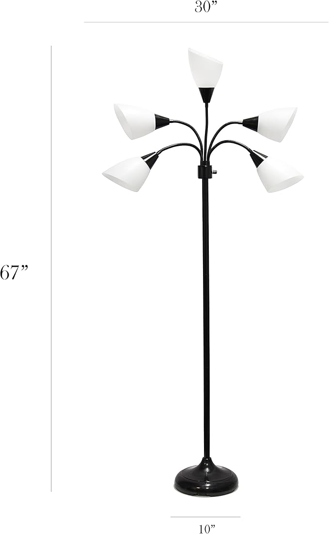 Simple Designs LF2006-BAW 67" Contemporary Multi Head Medusa 5 Light Adjustable Gooseneck Black Floor Lamp with White Shades for Kids Bedroom Playroom Living Room Office - LeafyLoom