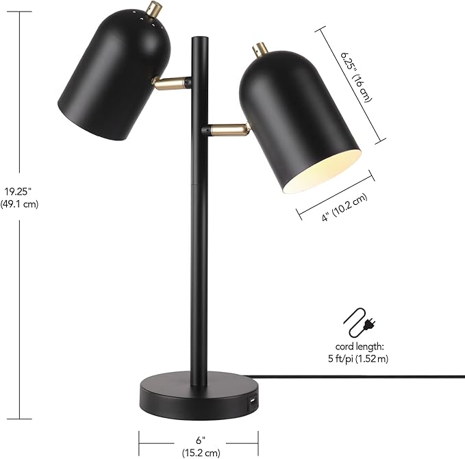 Globe Electric 52994 19" 2-Light Desk Lamp, Matte Black, Matte Brass Accents, 2.1A USB Port, On/Off Rotary Switch on Each Shade - LeafyLoom