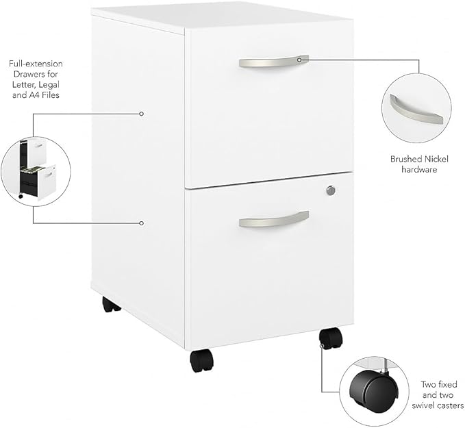 Bush Business Furniture Hybrid 2-Drawer Mobile File Cabinet, Letter/Legal, White, 20-inch (HYF116WHSU-Z) - LeafyLoom