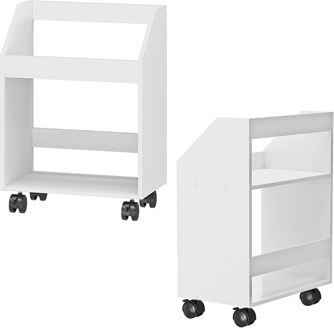 2-Tier Mobile Bookshelf, White Bookcase with Wheels, Rolling File Holder Desk File Book Organizer for Home Office Living Room School - LeafyLoom