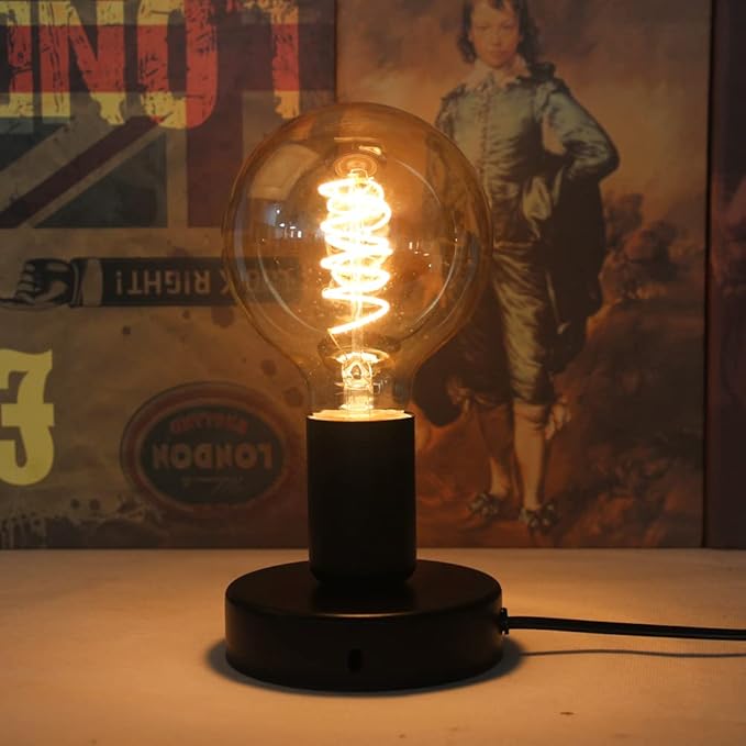 Industrial Table Lamp,Base E26/E27 Ceramic Base Holder, Vintage Small Desk Lamp with Plug in Cord On/Off Switch,Simple Metal Edison Light Bulb Stand (Black) - LeafyLoom