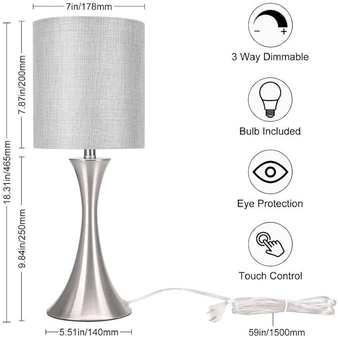 3 Way Touch Control Table Lamp, Dimmable Bedside Desk Lamp with Metal Base Modern Nightstand Lamp Stylish Grey Shade Simple Side Table Lamp for Bedroom, Living Room, Office or Den LED Bulb Included - LeafyLoom