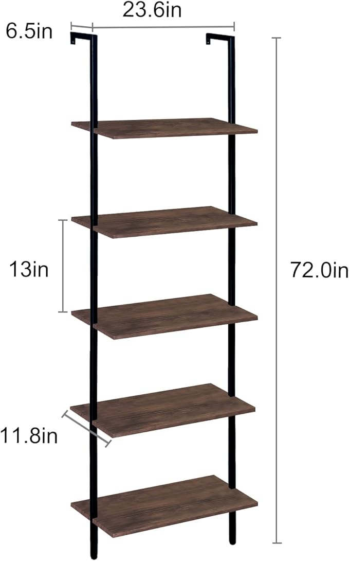 5 Tiers Ladder Shelf 2-Piece Black Modern Tall Bookshelf Open Large Tall Wall Mount Storage Bookcase Standing Leaning Wall Shelves Industrial Decorative - LeafyLoom