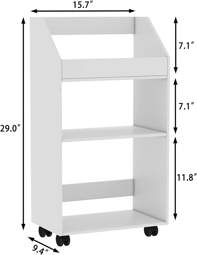 3-Tier Mobile Bookshelf, White Bookcase with Wheels, Rolling File Holder Desk File Book Organizer for Home Office Living Room School - LeafyLoom