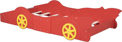 Car Shaped Toddler Bed with Wheels,Racecar Platform Beds W/Safety Guardrail,Slats Support,Stylish Design,Easy Assembly,Wood Twin Bedframe for Boys Toddlers Kids Teens Bedroom,Red - LeafyLoom