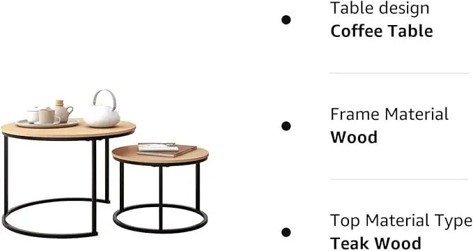 Industrial Round Coffee Table Set of 2 End Table for Living Room,Stacking Side Tables, Sturdy and Easy Assembly,Wood Look Accent Furniture with Metal Frame,Black+Teak OAKDK - LeafyLoom