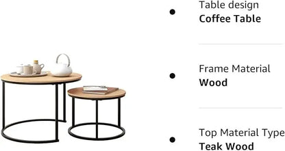 Industrial Round Coffee Table Set of 2 End Table for Living Room,Stacking Side Tables, Sturdy and Easy Assembly,Wood Look Accent Furniture with Metal Frame,Black+Teak OAKDK - LeafyLoom