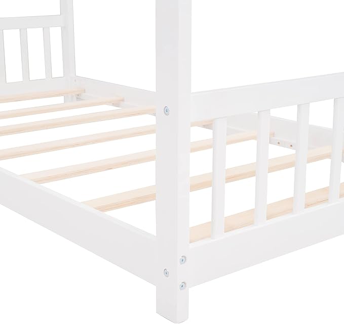 Montessori Floor Bed Frame Twin Size, Twin Floor Bed Frame with Headboard, Footboard and Slats, Wood Montessori Bed Frame/Montessori House Bed for Kids, Girls, Boys(White) - LeafyLoom