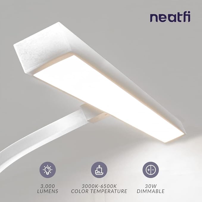 Neatfi (New Model) Flex Desk Lamp with Clamp, Dimmable, 3,000 Lumens 30W LED Monitor Light, 3000K-6500K Correlated Color Temperature, 5 Brightness Levels & 5 Light Modes (28 Inches, White) - LeafyLoom