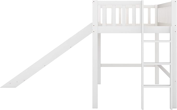 Merax Twin Size Junior Wood Loft Bed with Slide Loft Bunk Bed for Girls Boys,No Box Spring Needed,White - LeafyLoom