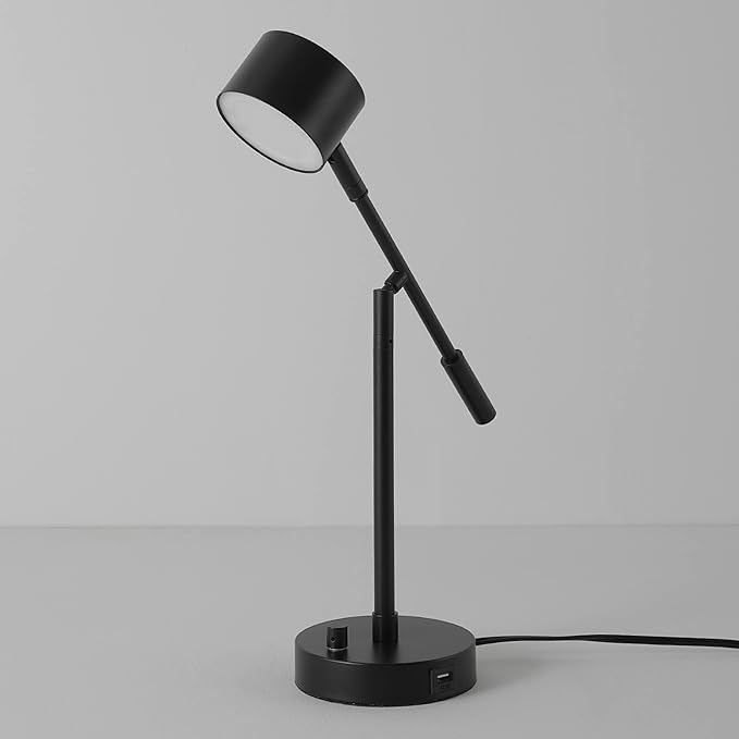 Globe Electric 52271 Aristocrat 16" Integrated LED Swing Arm Desk Lamp, Matte Black, Dimmable On/Off Rotary Switch at Base, 2.1A USB Port - LeafyLoom