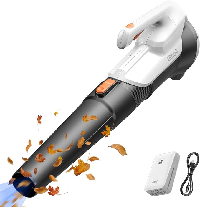 Litheli 20V Leaf Blower Cordless 2.0 Ah Battery Powered, 355CFM/85MPH & 2 Speed Levels, Handheld Electric Blowers for Lawn Care, Patio, Snow, Dust, Blowing Leaves - LeafyLoom