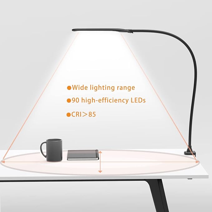 YOUKOYI Desk Lamp with Clamp, Swing Arm Lamp, Flexible Gooseneck Architect Table Lamp - Stepless Dimming, 3 Color Modes, Touch Control, 9W, 1050LUX Eye-Care for Study/Reading/Office/Work (Black) - LeafyLoom