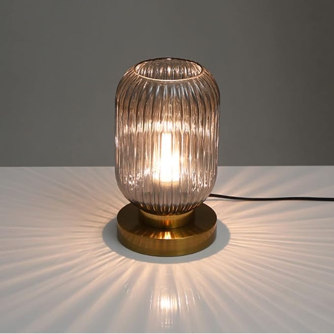 Bedside Table Lamp Mid Century Glass Table Lamps Modern Globe Table lamp Gold Desk lamp nightstand lamp with Pumpkin Design with Ribbed Glass Shade for Bedroom Living Room Office (Smoke gray) - LeafyLoom