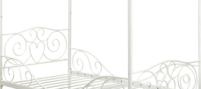 DHP Metal Canopy Kids Platform Bed with Four Poster Design, Scrollwork Headboard and Footboard, Underbed Storage Space, No Box Sring Needed, Twin, White - LeafyLoom