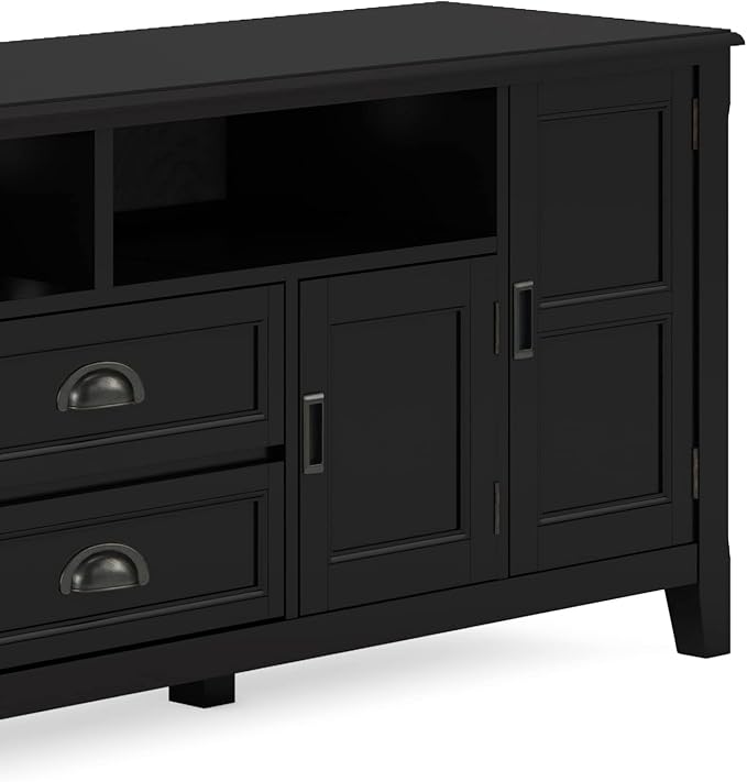 SIMPLIHOME Burlington SOLID WOOD 72 Inch Wide Transitional TV Media Stand in Black for TVs up to 80 Inches, For the Living Room and Entertainment Center - LeafyLoom