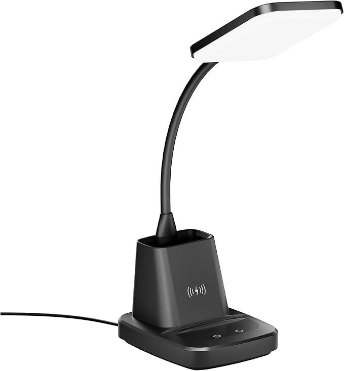 Cotanic LED Desk Lamps for Home Office with Wireless Charger, Stepless Dimmable, 3 Color Modes, Black Study Lamp for College Dorm Room, Touch Control, Pen Holder, CRI 90, 800 Lumen, Adapter Included - LeafyLoom