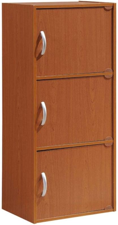 HODEDAH 3 Door Bookcase Cabinet, Cherry - LeafyLoom