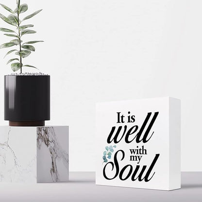 Christian Quote It Is Well With My Soul Wood Box Sign,Holy Bible Quote Decor Desk Sign,Inspirational Song and Hymn Wooden Block Sign for Home Bedroom Office Shelf Tabletop - LeafyLoom