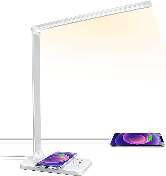 LED Desk Lamp with Wireless Charger, USB Charging Port, Desk Light with 10 Brightness, 5 Color Modes, Dimmable Eye Caring Reading Desk Lamps for Home Office, Touch Control, Auto Timer, White - LeafyLoom