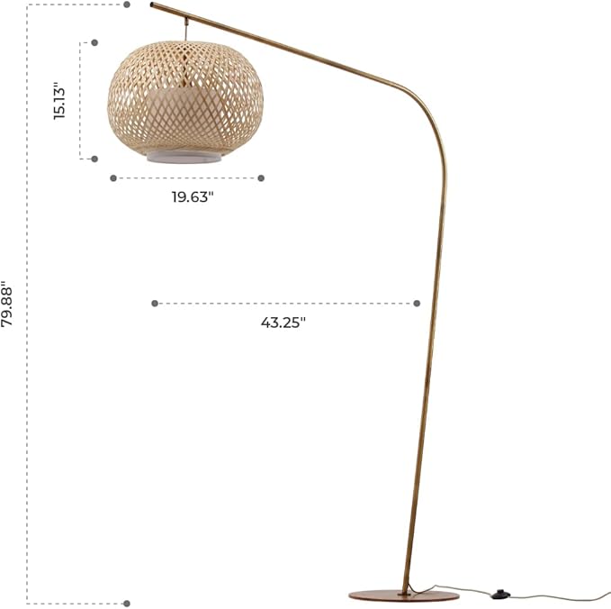 FOS - Modern Bohemian Chic Arch Floor Lamp with Woven Bamboo + Linen Shade - Brushed Brass Finish, Ambient Home Lighting in Living Room, Bedroom, Study, Nursery - LeafyLoom